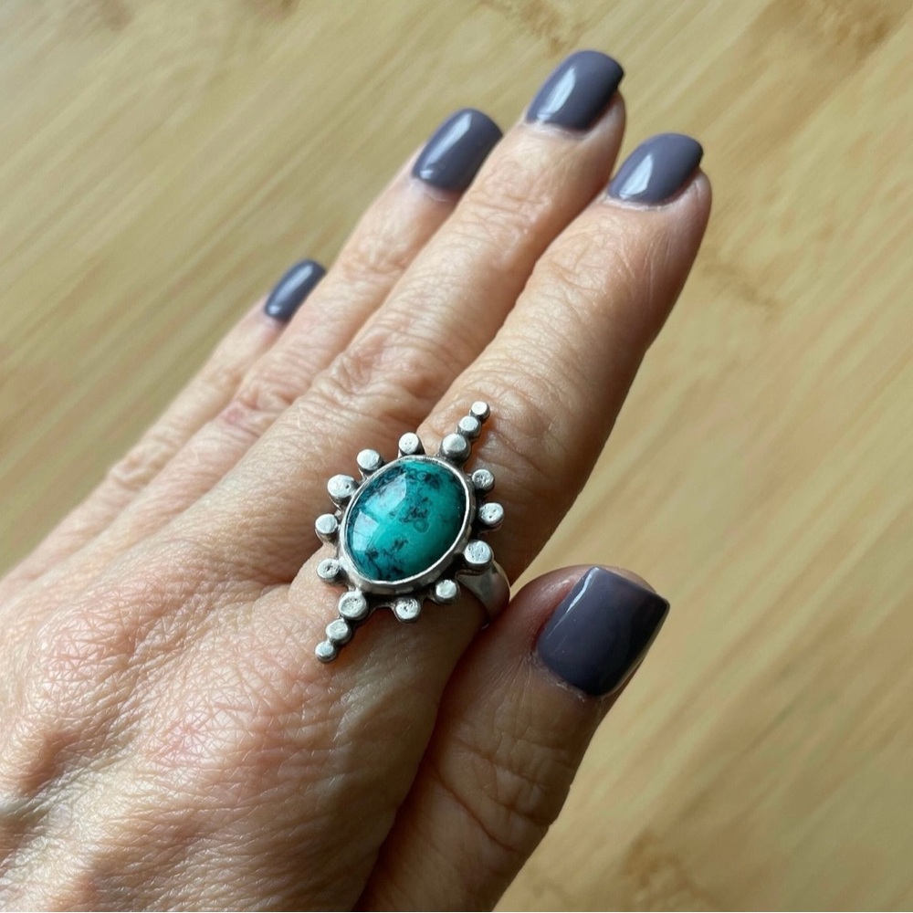 Tibetan Turquoise Ring~Bohemian Style~Statement Ring~Sterling Silver~Size 8.25